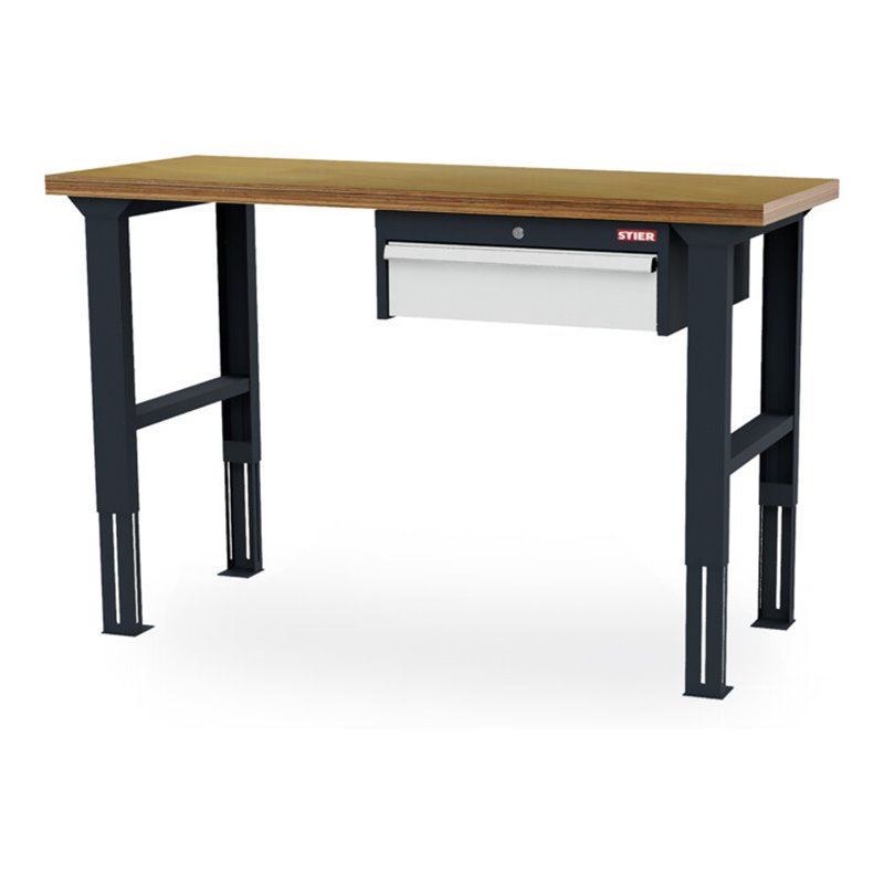 STIER Höhenverstellbare Werkbank mit 1x150 mm Schublade BxTxH 1500x600x760-1060 mm RAL 7016 / RAL 7035