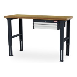 STIER Höhenverstellbare Werkbank mit 1x50, 1x100 mm Schubladen BxTxH 1500x600x760-1060 mm RAL 7016 / RAL 7035