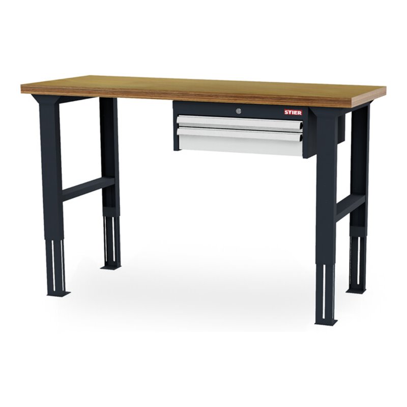 STIER Höhenverstellbare Werkbank mit 1x50, 1x100 mm Schubladen BxTxH 1500x600x760-1060 mm RAL 7016 / RAL 7035