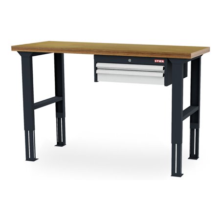 STIER Höhenverstellbare Werkbank mit 1x50, 1x100 mm Schubladen BxTxH 1500x600x760-1060 mm RAL 7016 / RAL 7035
