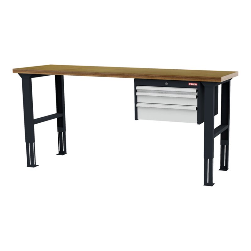 STIER Höhenverstellbare Werkbank mit 1x50, 1x100, 1x150 mm Schubladen BxTxH 2000x600x760-1060 mm RAL 7016 / RAL 7035