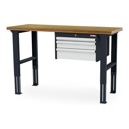STIER Höhenverstellbare Werkbank mit 1x50, 1x100, 1x150 mm Schubladen BxTxH 1500x600x760-1060 mm RAL 7016 / RAL 7035