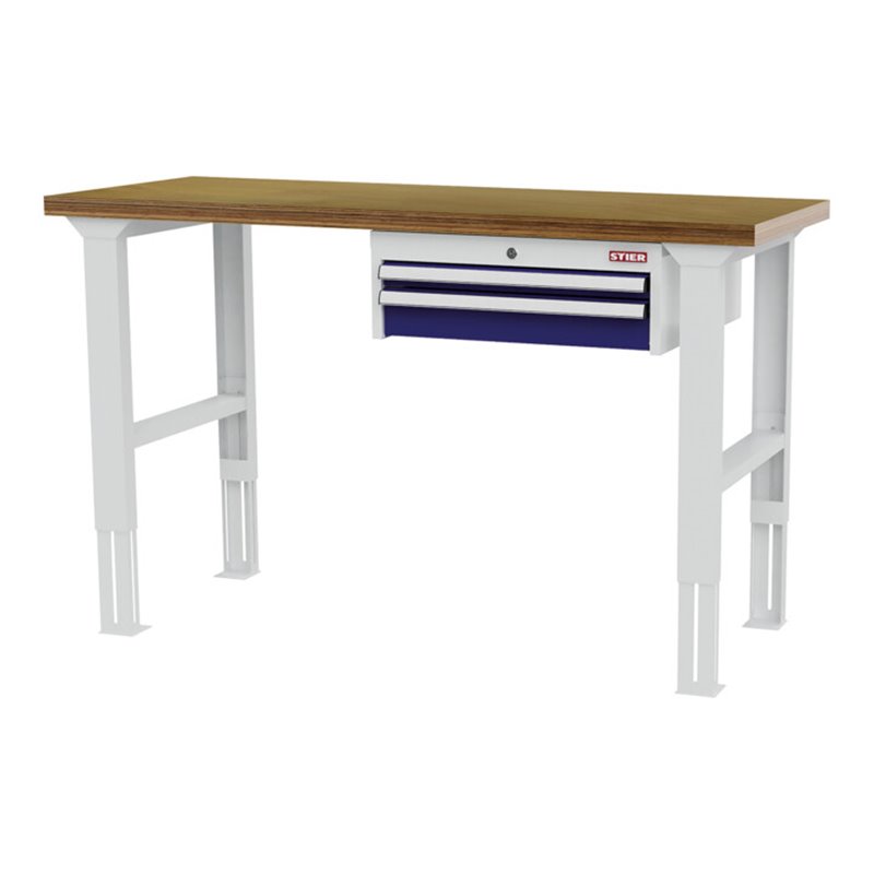 STIER Höhenverstellbare Werkbank mit 1x50, 1x100 mm Schubladen BxTxH 1500x600x760-1060 mm RAL 7035 / RAL 5010