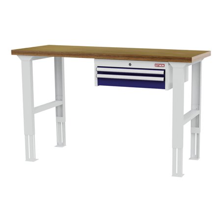 STIER Höhenverstellbare Werkbank mit 1x50, 1x100 mm Schubladen BxTxH 1500x600x760-1060 mm RAL 7035 / RAL 5010