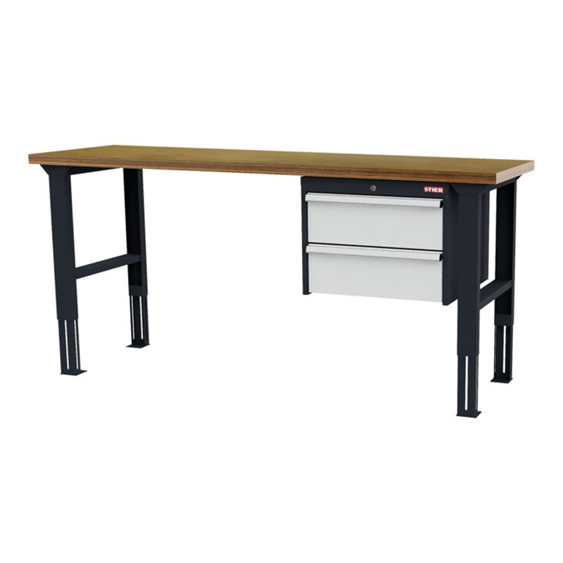 STIER Höhenverstellbare Werkbank mit 2x200 mm Schubladen BxTxH 2000x600x760-1060 mm RAL 7016 / RAL 7035