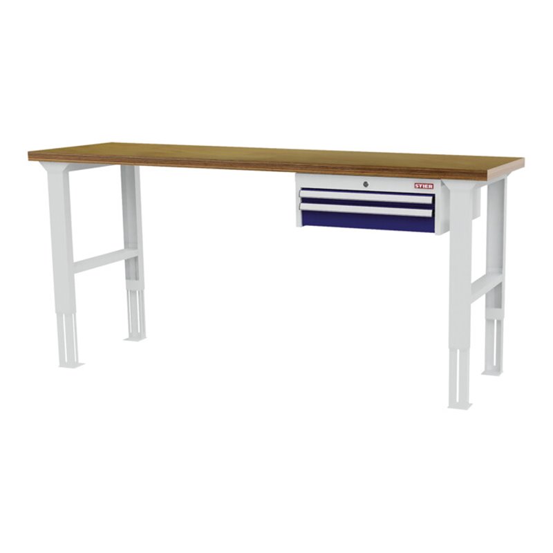 STIER Höhenverstellbare Werkbank mit 1x50, 1x100 mm Schubladen BxTxH 2000x600x760-1060 mm RAL 7035 / RAL 5010