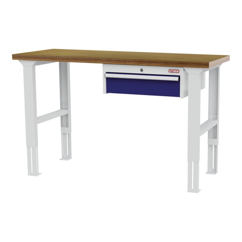 STIER Höhenverstellbare Werkbank mit 1x150 mm Schublade BxTxH 1500x600x760-1060 mm RAL 7035 / RAL 5010