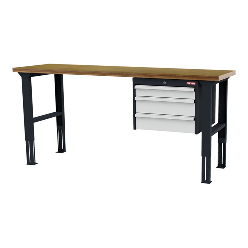STIER Höhenverstellbare Werkbank mit 1x100, 2x150 mm Schubladen BxTxH 2000x600x760-1060 mm RAL 7016 / RAL 7035