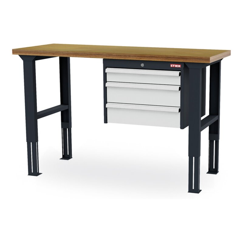 STIER Höhenverstellbare Werkbank mit 1x100, 2x150 mm Schubladen BxTxH 1500x600x760-1060 mm RAL 7016 / RAL 7035