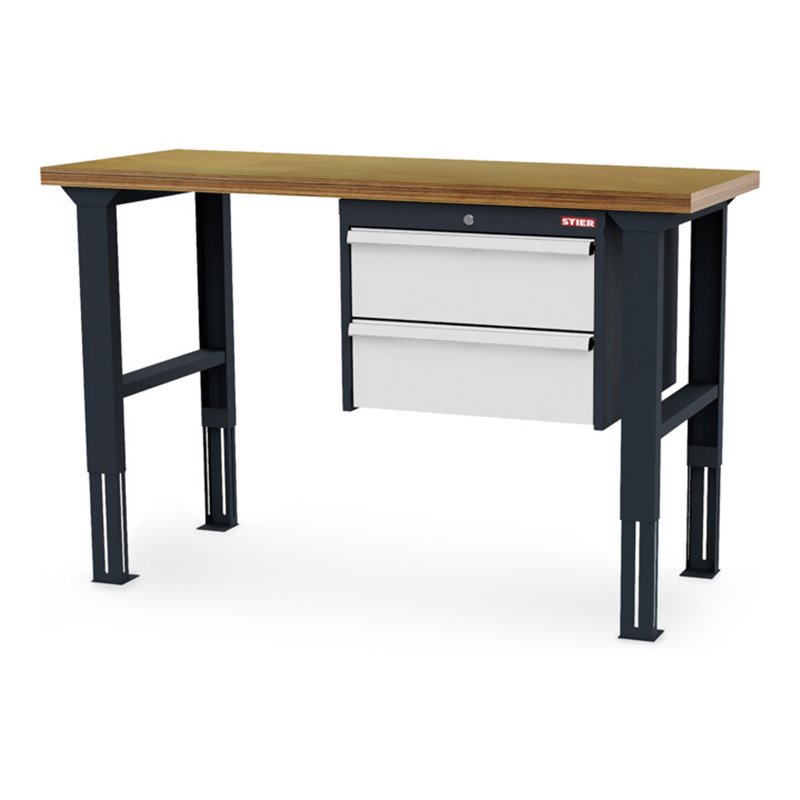 STIER Höhenverstellbare Werkbank mit 2x200 mm Schubladen BxTxH 1500x600x760-1060 mm RAL 7016 / RAL 7035