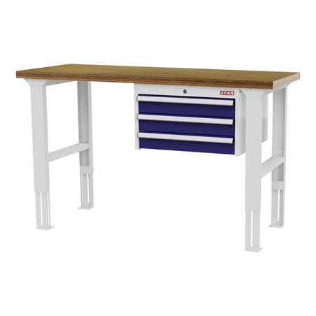 STIER Höhenverstellbare Werkbank mit 3x100 mm Schubladen BxTxH 1500x600x760-1060 mm RAL 7035 / RAL 5010