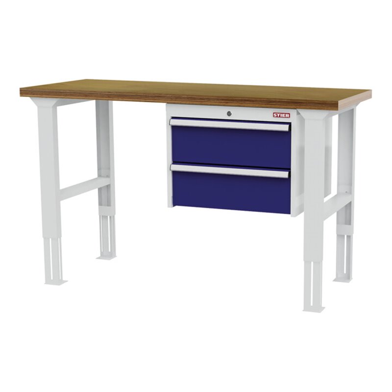 STIER Höhenverstellbare Werkbank mit 2x200 mm Schubladen BxTxH 1500x600x760-1060 mm RAL 7035 / RAL 5010