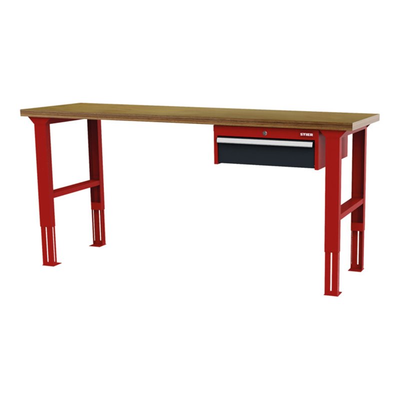STIER Höhenverstellbare Werkbank mit 1x150 mm Schublade BxTxH 2000x600x760-1060 mm RAL 3020 / RAL 7016