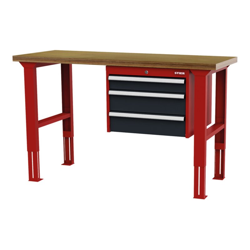STIER Höhenverstellbare Werkbank mit 1x100, 2x150 mm Schubladen BxTxH 1500x600x760-1060 mm RAL 3020 / RAL 7016