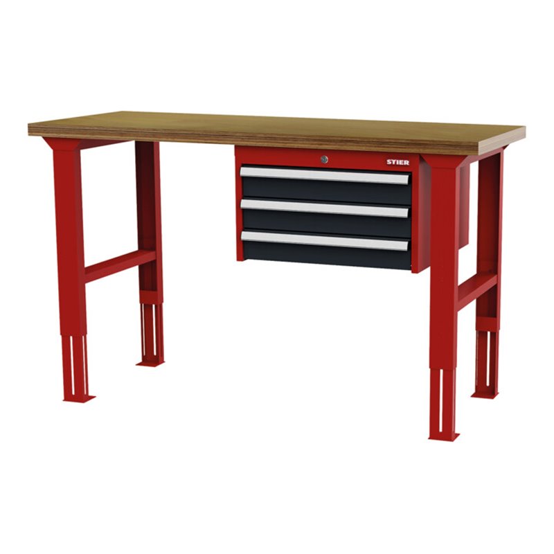 STIER Höhenverstellbare Werkbank mit 3x100 mm Schubladen BxTxH 1500x600x760-1060 mm RAL 3020 / RAL 7016