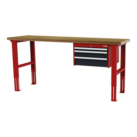 STIER Höhenverstellbare Werkbank mit 1x50, 1x100, 1x150 mm Schubladen BxTxH 1500x600x760-1060 mm RAL 3020 / RAL 7016