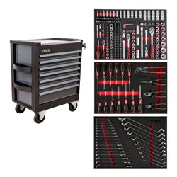 STIER Werkstattwagen Premium mit Edelstahl-Arbeitsfläche bestückt 223-teilig