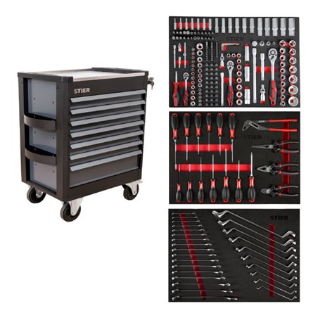 STIER Werkstattwagen Premium mit Edelstahl-Arbeitsfläche bestückt 223-teilig