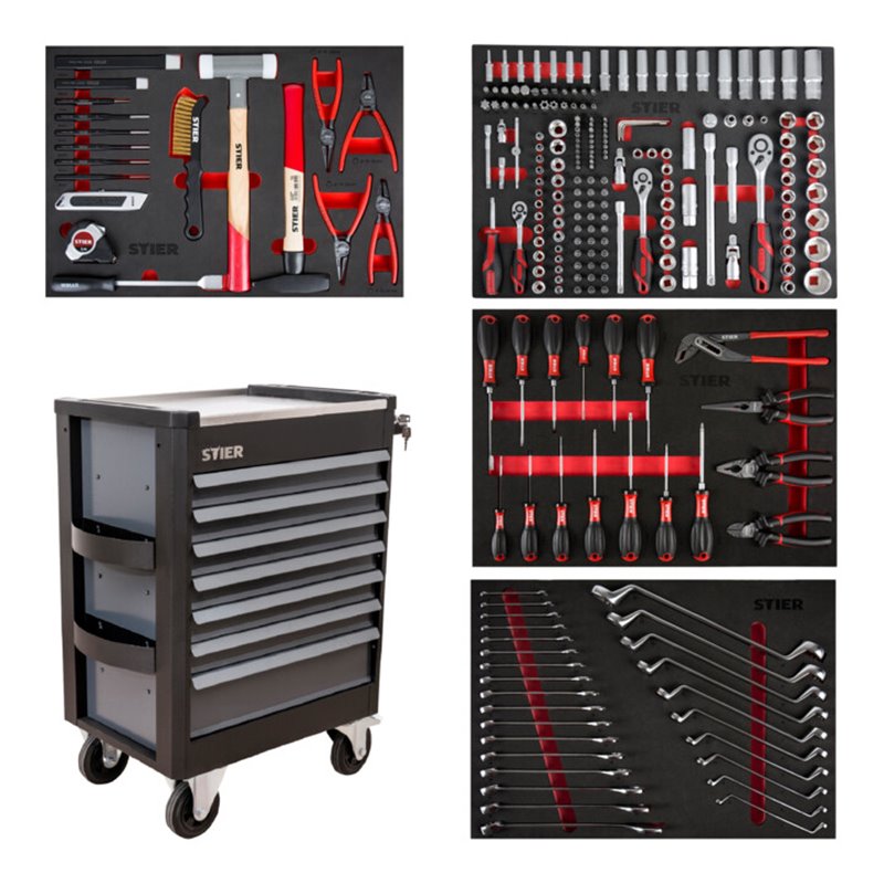 STIER Werkstattwagen Premium mit Edelstahl-Arbeitsfläche bestückt 241-teilig