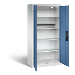 C+P Akku-Ladeschrank für 5 E-Werkzeuge, H1950xB930xT500mm, Fernblau/Lichtgrau