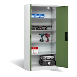 C+P Akku-Ladeschrank für 5 E-Werkzeuge, H1950xB930xT500mm, Resedagrün/Lichtgrau