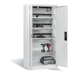 C+P Akku-Ladeschrank für 15 E-Werkzeuge, H1950xB930xT500mm, Lichtgrau