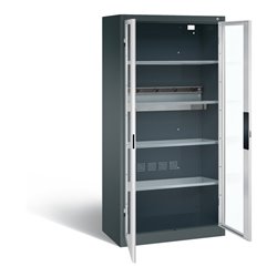 C+P Akku-Ladeschrank für 5 E-Werkzeuge, Sichtfenster, H1950xB930xT500mm, Lichtgrau/Anthrazitgrau