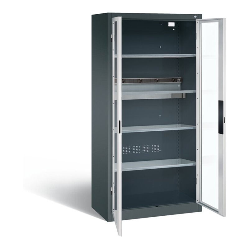 C+P Akku-Ladeschrank für 5 E-Werkzeuge, Sichtfenster, H1950xB930xT500mm, Lichtgrau/Anthrazitgrau