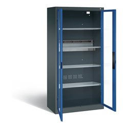 C+P Akku-Ladeschrank für 5 E-Werkzeuge, Sichtfenster, H1950xB930xT500mm, Enzianblau/Anthrazitgrau