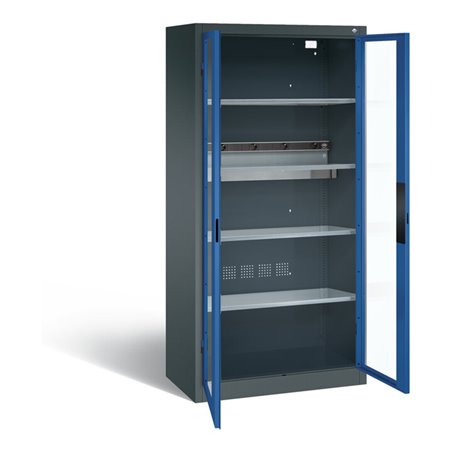 C+P Akku-Ladeschrank für 5 E-Werkzeuge, Sichtfenster, H1950xB930xT500mm, Enzianblau/Anthrazitgrau