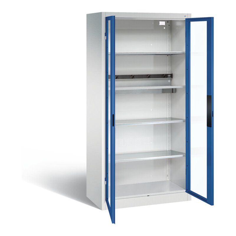 C+P Akku-Ladeschrank für 5 E-Werkzeuge, Sichtfenster, H1950xB930xT500mm, Enzianblau/Lichtgrau