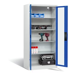 C+P Akku-Ladeschrank für 5 E-Werkzeuge, Sichtfenster, H1950xB930xT500mm, Enzianblau/Lichtgrau