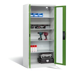 C+P Akku-Ladeschrank für 5 E-Werkzeuge, Sichtfenster, H1950xB930xT500mm, Resedagrün/Lichtgrau