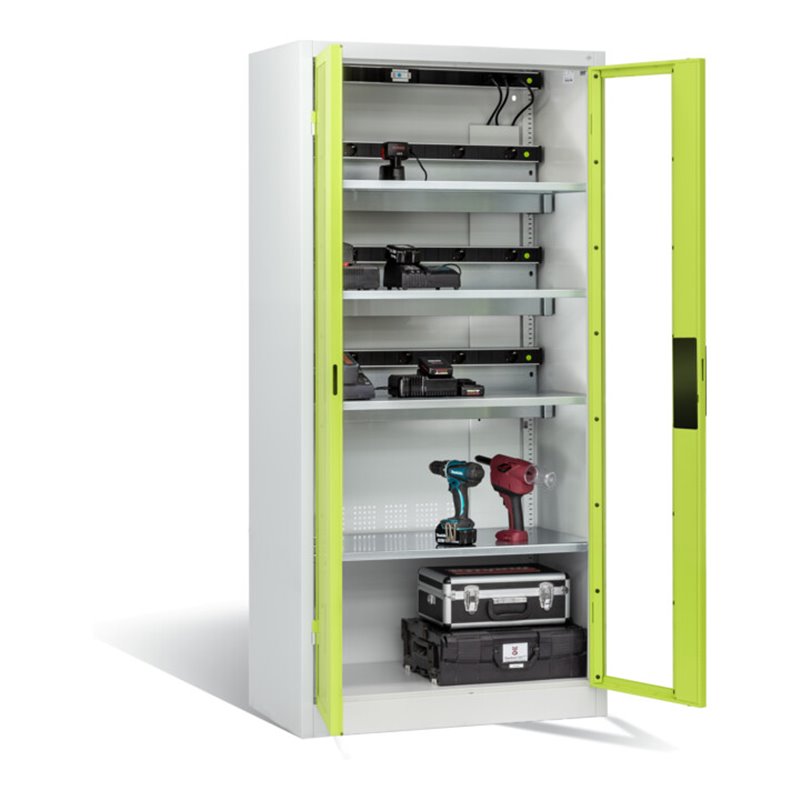 C+P Akku-Ladeschrank für 15 E-Werkzeuge, Sichtfenster, H1950xB930xT500mm, Viridingrün/Lichtgrau