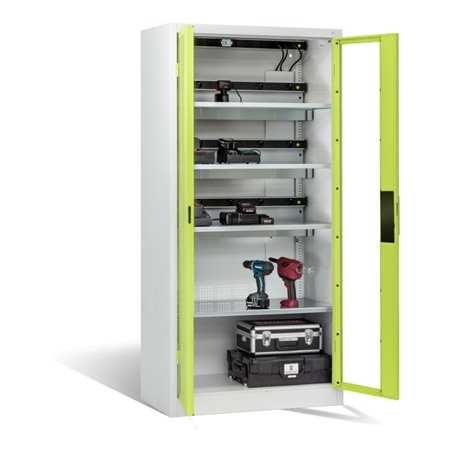 C+P Akku-Ladeschrank für 15 E-Werkzeuge, Sichtfenster, H1950xB930xT500mm, Viridingrün/Lichtgrau