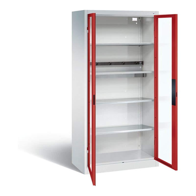 C+P Akku-Ladeschrank für 5 E-Werkzeuge, Sichtfenster, H1950xB930xT500mm, Feuerrot/Lichtgrau