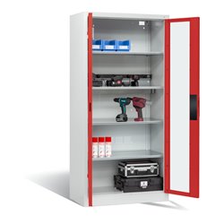 C+P Akku-Ladeschrank für 5 E-Werkzeuge, Sichtfenster, H1950xB930xT500mm, Feuerrot/Lichtgrau