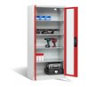C+P Akku-Ladeschrank für 5 E-Werkzeuge, Sichtfenster, H1950xB930xT500mm, Feuerrot/Lichtgrau