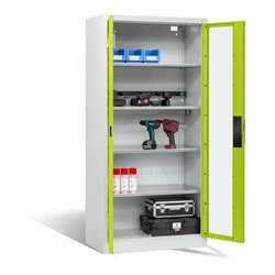 C+P Akku-Ladeschrank für 5 E-Werkzeuge, Sichtfenster, H1950xB930xT500mm, Viridingrün/Lichtgrau