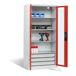C+P Akku-Ladeschrank für 5 E-Werkzeuge, 3 Schubladen, Sichtfenster, H1950xB930xT500mm, Feuerrot/Lichtgrau