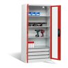 C+P Akku-Ladeschrank für 5 E-Werkzeuge, 3 Schubladen, Sichtfenster, H1950xB930xT500mm, Feuerrot/Lichtgrau