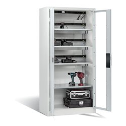 C+P Akku-Ladeschrank für 15 E-Werkzeuge, Sichtfenster, H1950xB930xT500mm, Lichtgrau
