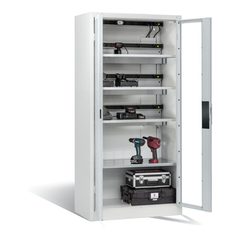 C+P Akku-Ladeschrank für 15 E-Werkzeuge, Sichtfenster, H1950xB930xT500mm, Lichtgrau