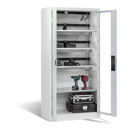 C+P Akku-Ladeschrank für 15 E-Werkzeuge, Sichtfenster, H1950xB930xT500mm, Lichtgrau