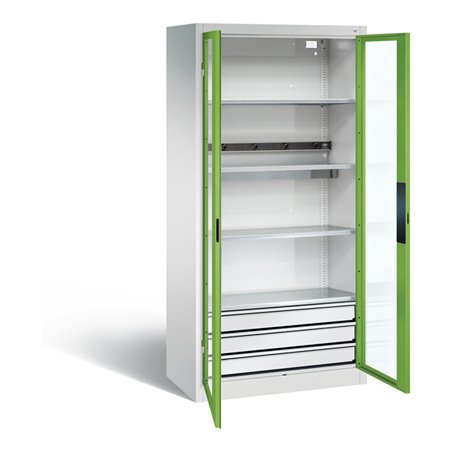 C+P Akku-Ladeschrank für 5 E-Werkzeuge, 3 Schubladen, Sichtfenster, H1950xB930xT500mm, Viridingrün/Lichtgrau