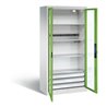C+P Akku-Ladeschrank für 5 E-Werkzeuge, 3 Schubladen, Sichtfenster, H1950xB930xT500mm, Viridingrün/Lichtgrau