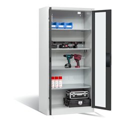 C+P Akku-Ladeschrank für 5 E-Werkzeuge, Sichtfenster, H1950xB930xT500mm, Anthrazitgrau/Lichtgrau