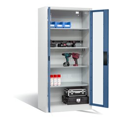 C+P Akku-Ladeschrank für 5 E-Werkzeuge, Sichtfenster, H1950xB930xT500mm, Fernblau/Lichtgrau