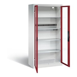 C+P Akku-Ladeschrank für 5 E-Werkzeuge, Sichtfenster, H1950xB930xT500mm, Rubinrot/Lichtgrau