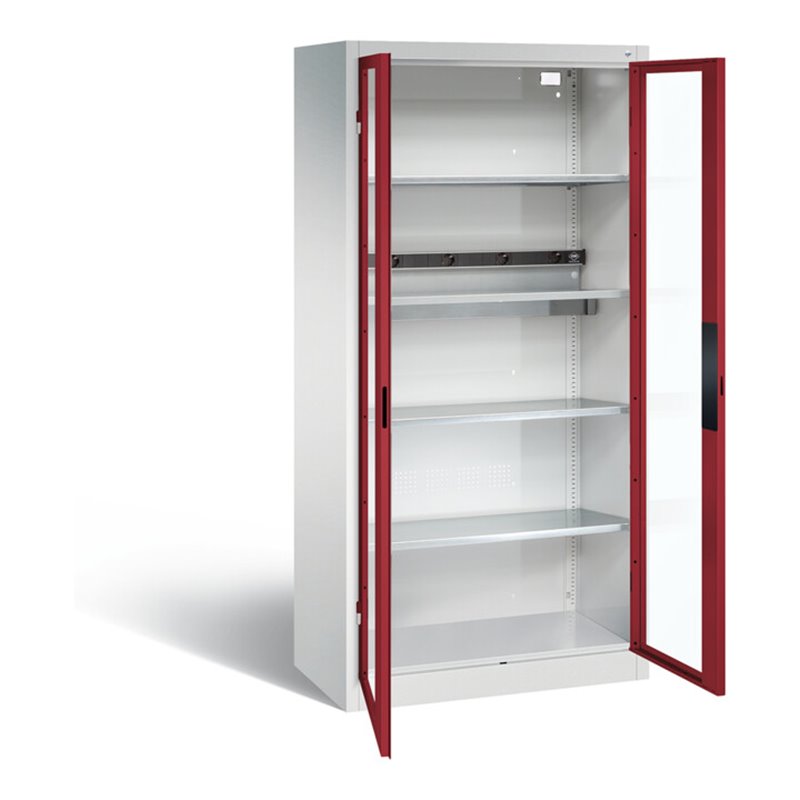 C+P Akku-Ladeschrank für 5 E-Werkzeuge, Sichtfenster, H1950xB930xT500mm, Rubinrot/Lichtgrau